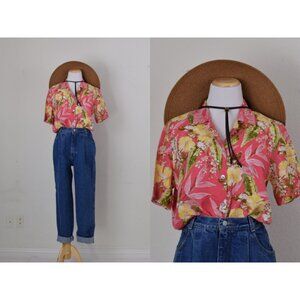 Vintage Pink‎ Floral Rayon 1980s Button Down Blouse size M